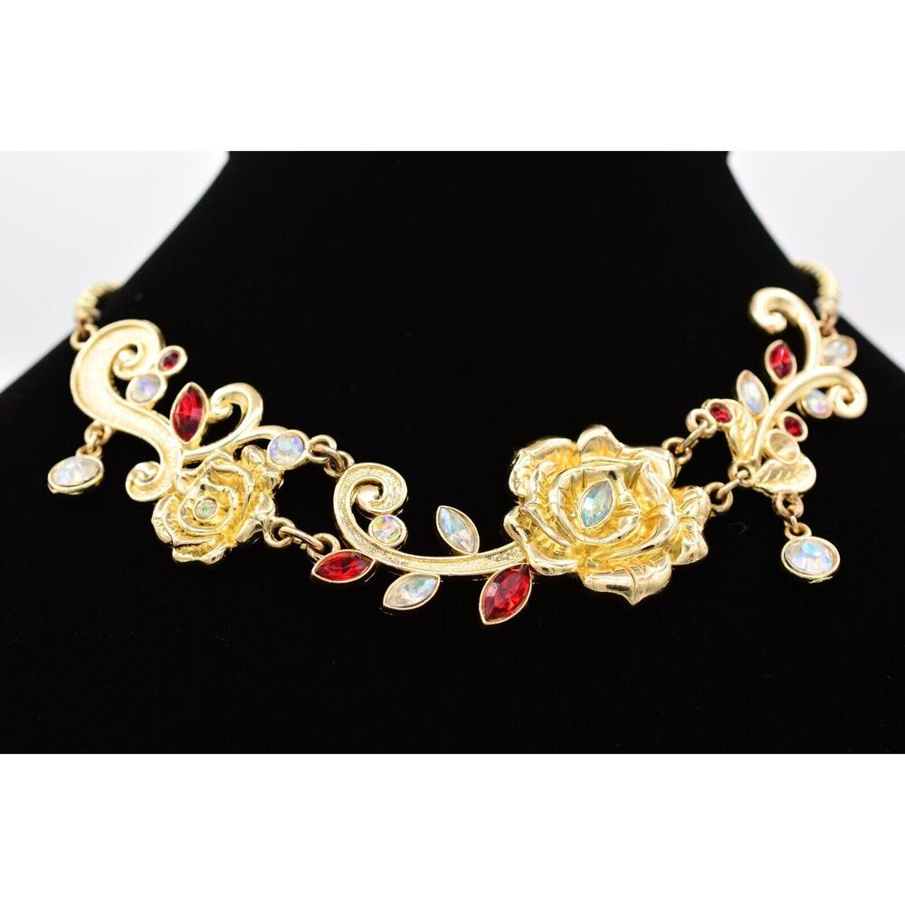 Disney Store London Necklace Princess Belle Beauty Beast Floral Red Gold BinAU